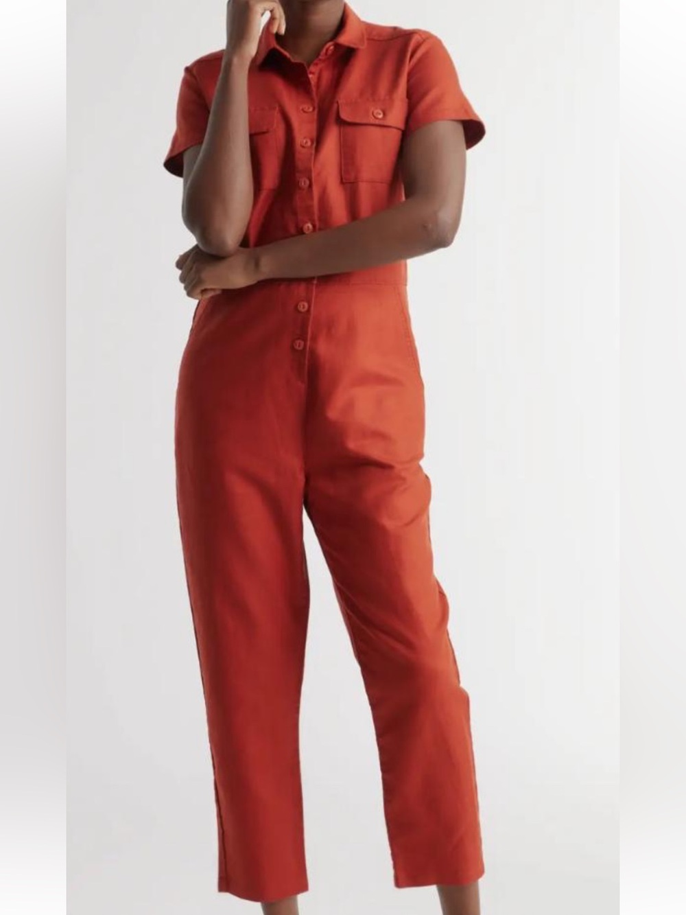 Quince Short-Sleeve Utility Jumpsuit in Rust